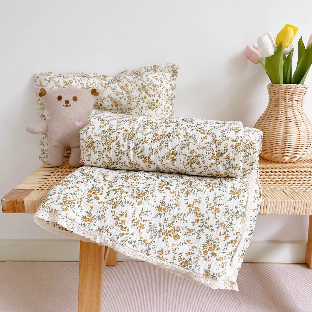 Korean Floral Lace Muslin Kids Baby Bed Quilt Cotton Gauze Children Infant Dolls Bedding Quilts Blanket Girl Princess Quilts