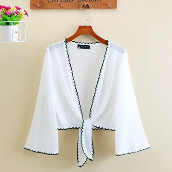 

Plus size Nine points sleeve Summer Thin Short Splice Cardigan Sunscreen Coat Women Chiffon V-neck Lace up Shawl Sun Tops Female