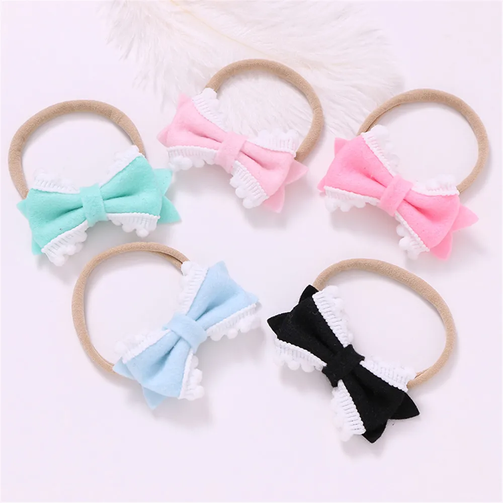 100pcs/lot Cute Bow Headband For Girls Lace flower Hair Bow Elastic Nylon Hairband Kids lovely headwear Hair Accessories