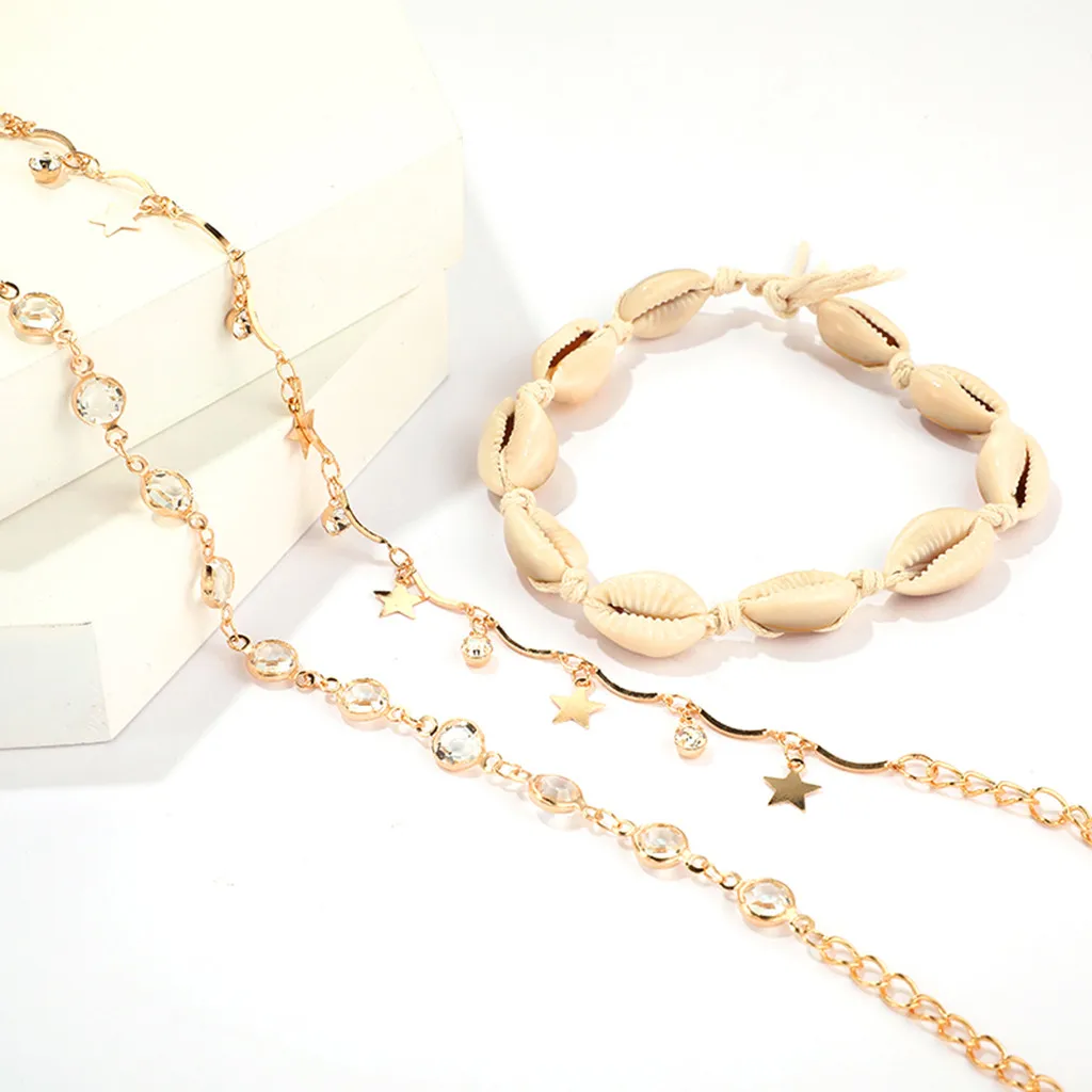 3 Pcs Anklet Wild Foot Chain Beach Women Barefoot Crochet Metal Sequins Shell Stars Anklet Bracciale Da Donna Accesorios Mujer