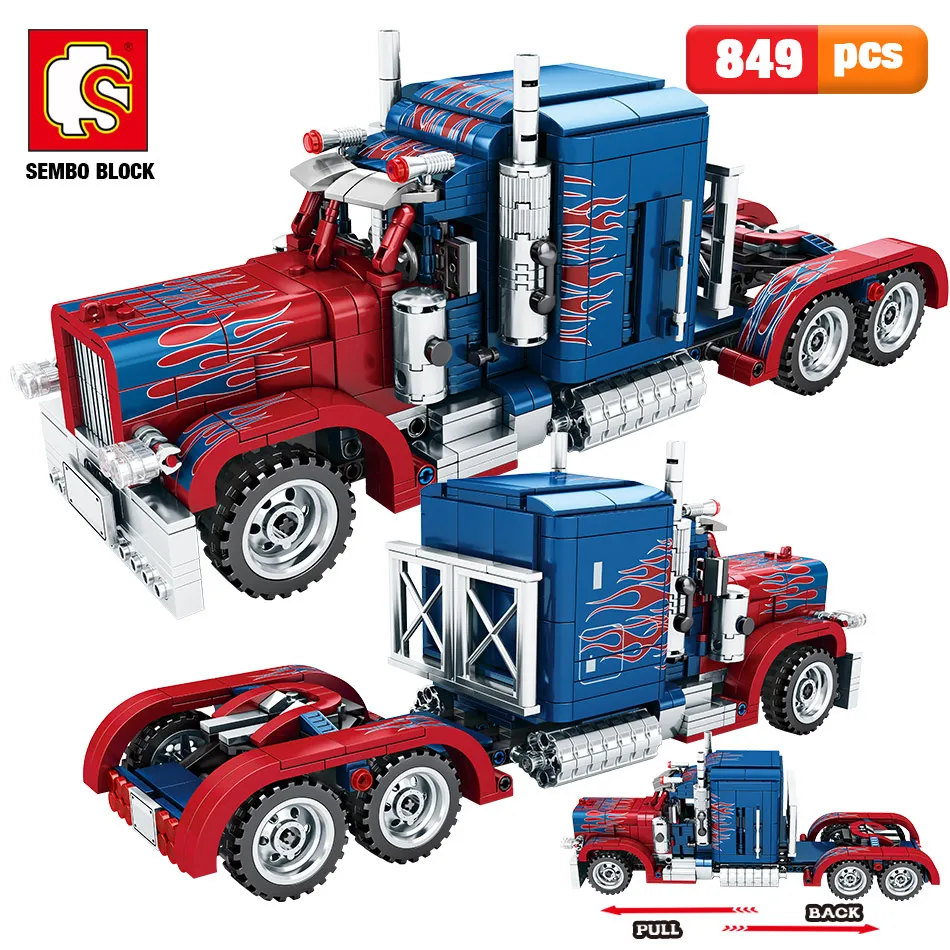 Puxar para trás Blocos de Construção do Carro Brinquedos para Meninos Sembo Cidade Clássico Técnica Peterbilt Recipiente Pesado Caminhão Tijolos 849 Pçs 2 Cheap Blocos