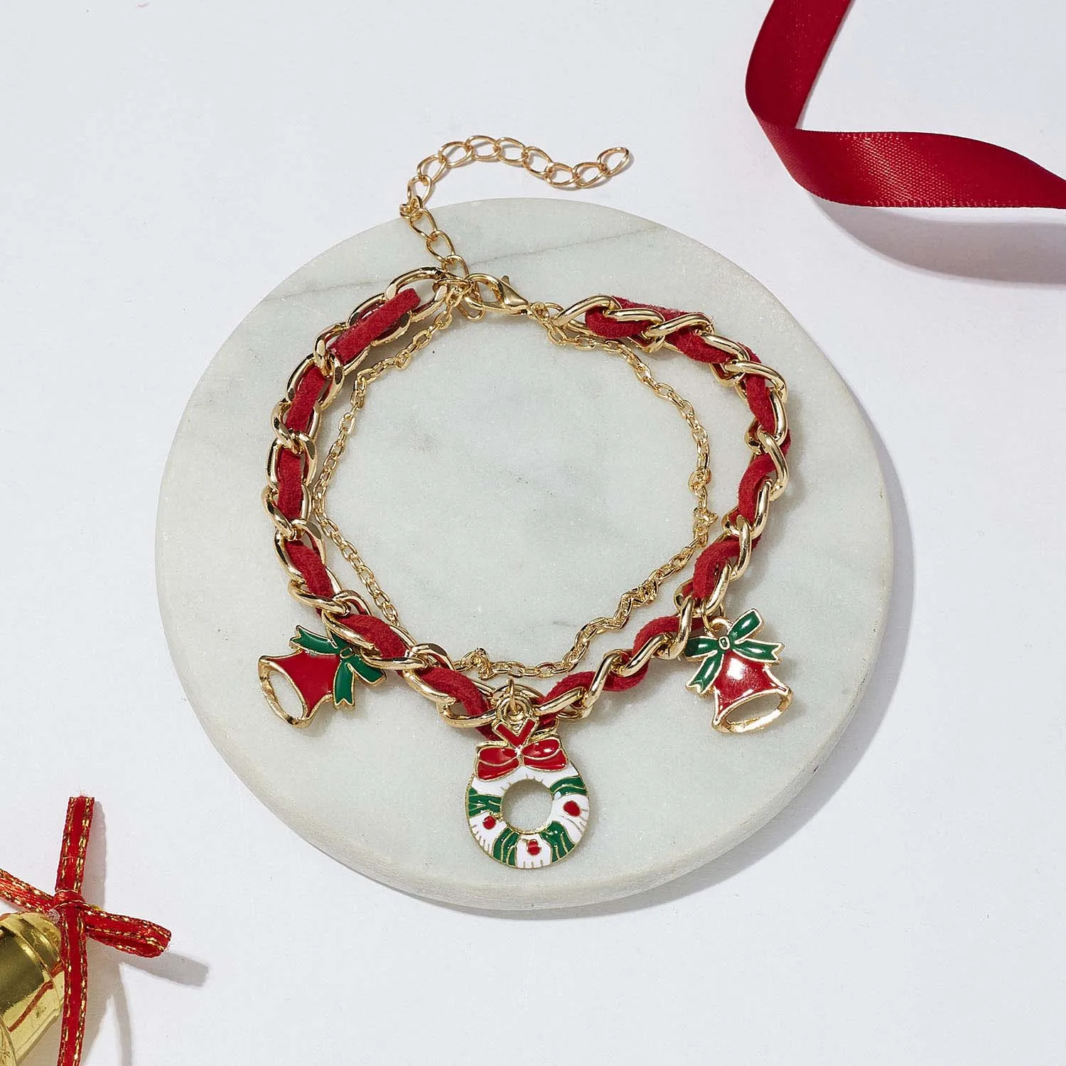Rinhoo Christmas Adjustable Bracelets Women Santa Claus Elk Xmas Tree Gloves Wreath Snowman Moon Bells Double-layer Bracelets - Окраска металла: 6