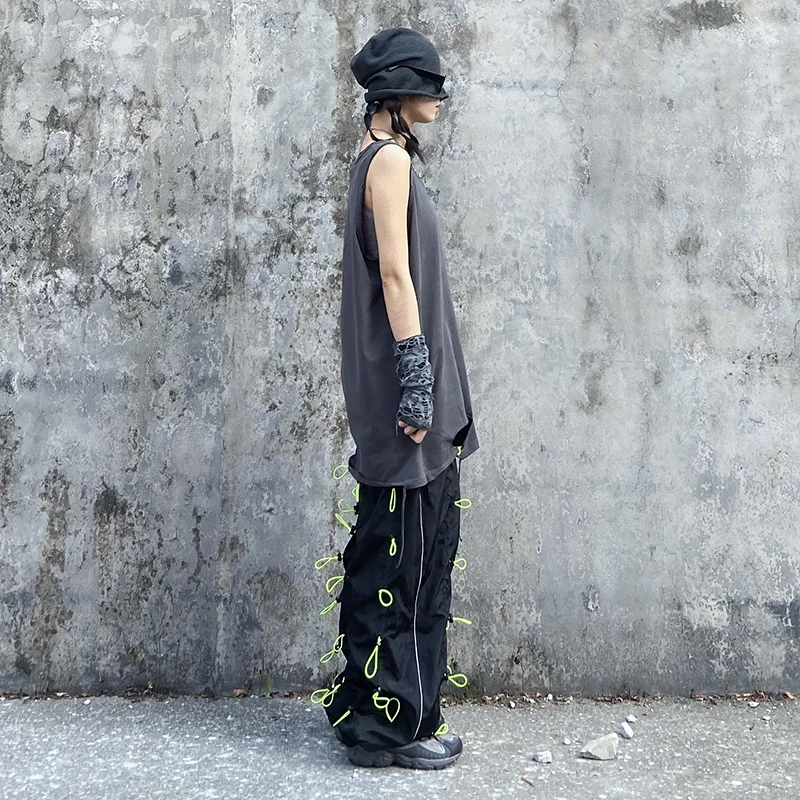 [EAM] High Elastic Waist Green Drawstring Wide Leg Long Trousers New Loose Fit Pants Women Fashion Tide Spring Autumn 2020 1X847