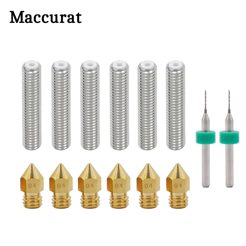 6pcs 30MM M6 Extruder Throat Tube 6pcs 0.4MM Brass MK8 Extruder Nozzle Print Heads Makerbot Reprap 3D Printer Cleaning Needle