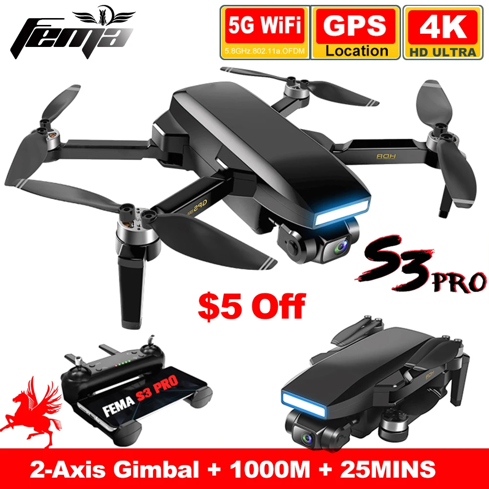 HOT SALES! FEMA S3 Pro GPS Drone With Camera 4k HD 5G WiFi dron Brushless FPV drone 25mins Long distance 1km professional rc quadcopter