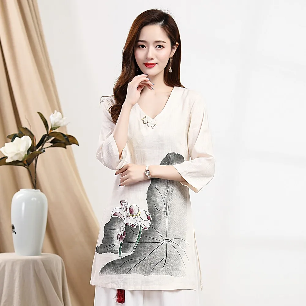 

Casual Chinese Style Blouse Women Cotton Linen Shirt Printed Flower Tops Spring Autumn New Cheongsam V-neck White Top-Clothing