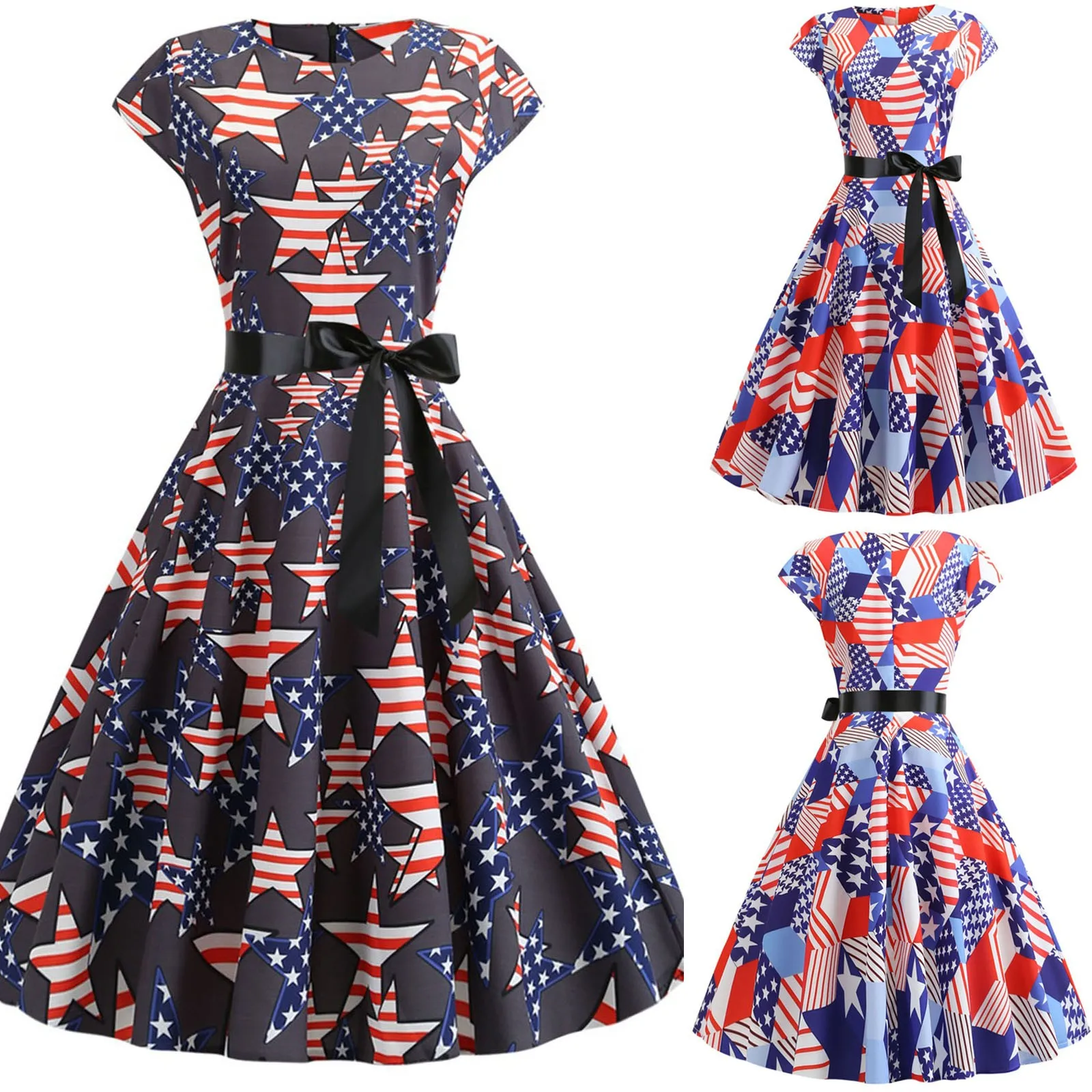 2021 Women's Short Sleeve Independence Day Black Ribbon Waist Gathering Big Hem Dress Printed Casual Round-Neck Plus Size dress 1
