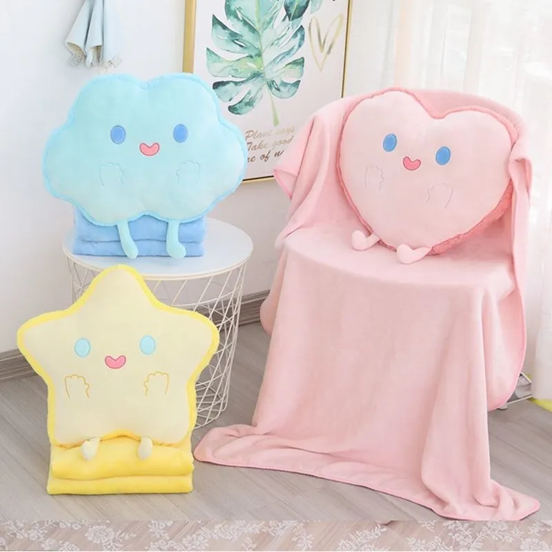

2 In 1 Blue Pink Yellow Pillow Blanket Room Chair Decor Seat Cushion Plush Sky Pillows Emotional Star Cloud Heart Shaped Pillow