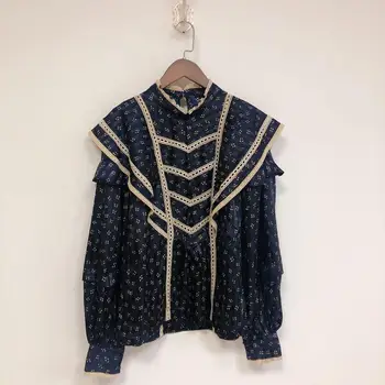 

Women Floral Print Blouse Embroidered Hollow out Lace Ruffles Autumn Fashion Long Sleeve 2020 New Shirt