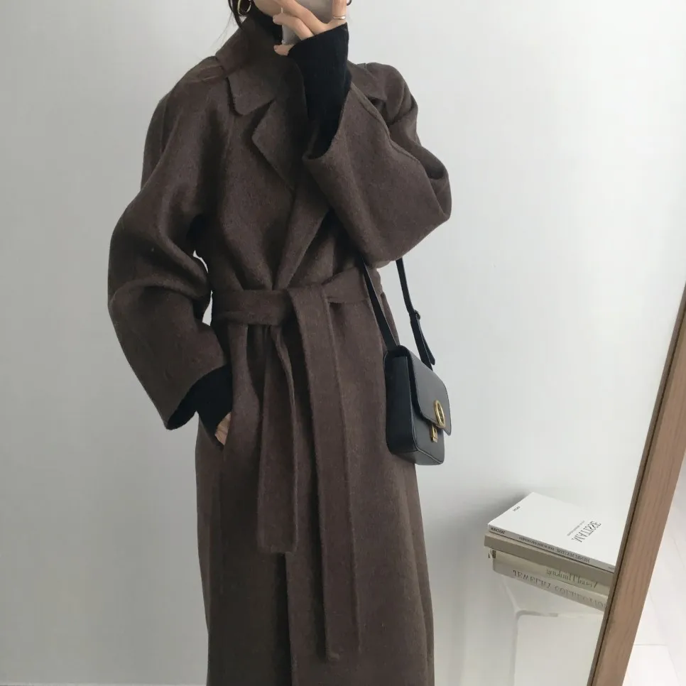 Women's Jacket 2021 Autumn and Winter Long Wool Coat with Belt Solid Color Long-Sleeved Chic Slim Down Shoulder Coat long puffer jacket