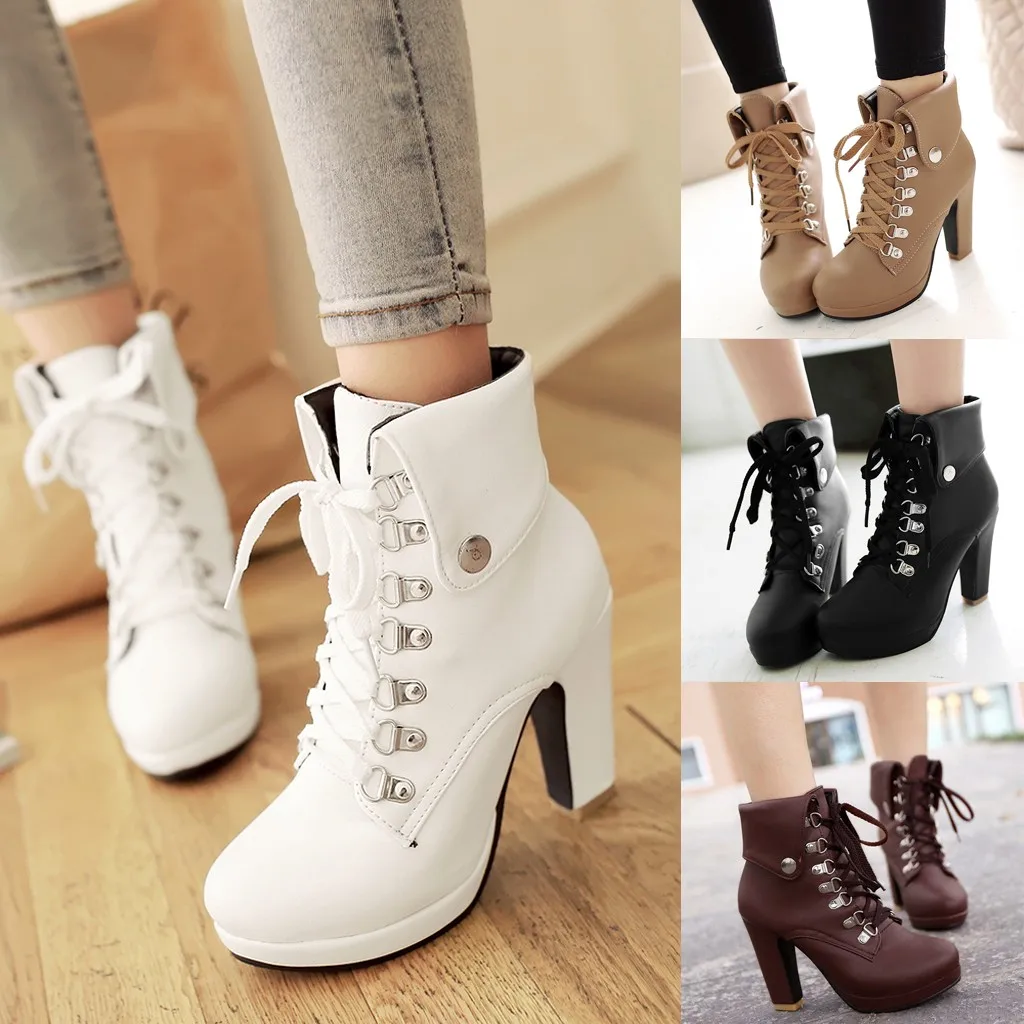 

Leather Patchwork Hoof High Heel Ankle Boots Women's Lace-up Ankle Bare Boots Platform Square Heel Casual Short Tube Booties