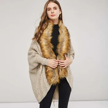 

Women Knitted Sweater Cape Coat Winter Cardigan Fake Fur Collar Warmness Gothic Knitwear Tops Vogue Batwing Sleeve Outerwear