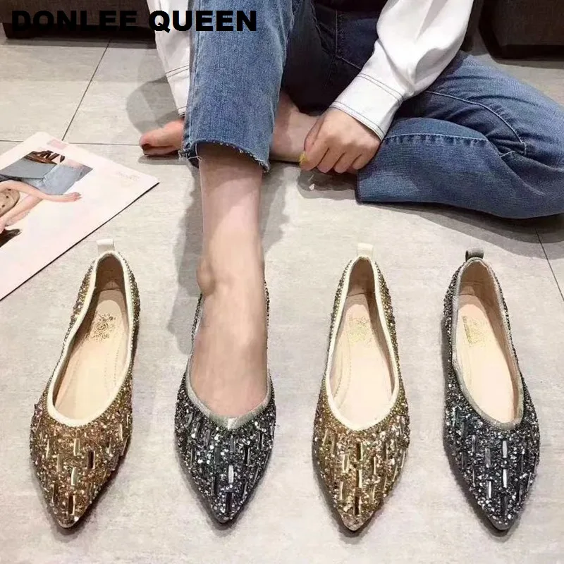 

Women Flats Ballet Shoes Luxury Female Loafers Pointed Rhinestone Crystal Casual Flat For Woman Slip On Ballerina Soft Moccasins