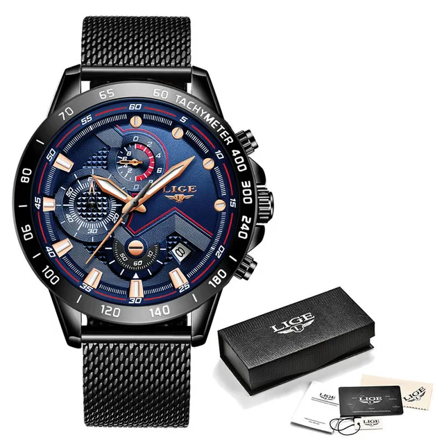 Мужские часы LIGE Топ бренд класса люкс Хронограф Спортивные кварцевые часы мужские повседневные полностью стальные водонепроницаемые наручные часы Relogio Masculino - Цвет: black Blue
