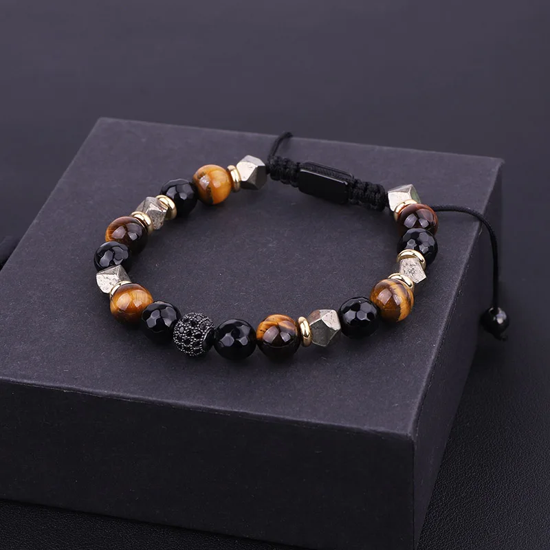 New Design Brown Tiger Eye Black Onyx Cubic Zironia Ball Beaded Macrame Adjustable Bracelet Men Jewelry Gift - Image 4