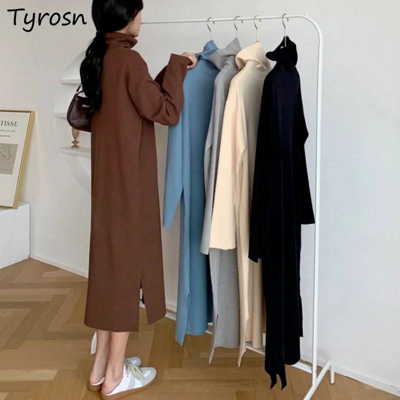 

Mid-calf Dresses Women Solid Side-slit Turtleneck Basic Simple Harajuku Elegant Lady Long Sleeve Hepburn Leisure Retro Autumn