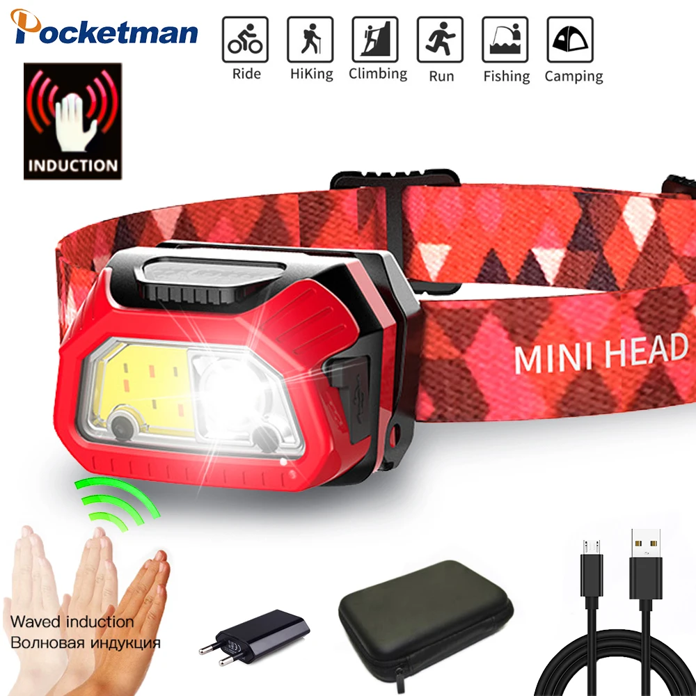 

Portable 5000 Lumen Power Bright COB+LED Headlamp 5 Modes Torch Waterproof Green/Red Fishing Sensor Headlight Camping flashlight