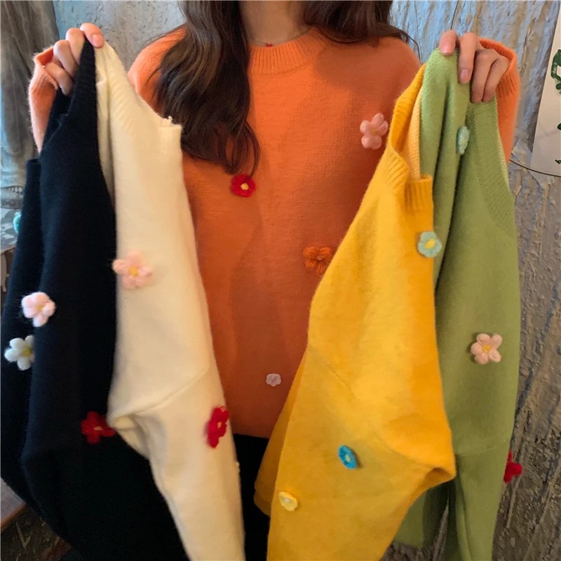 Woherb Женский вязаный свитер и пуловеры корейский кавайный Милый джемпер с цветочной вышивкой зима осень Новые Топы Pull Femme