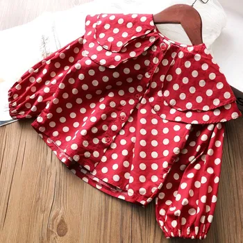 

Kid Long Sleeve Shirt Big Lotus Leaf Collar Red Top Polka Dot Blouse Kids Spring Autumn Fall Shirt Girls Blouses Shirts for Girl