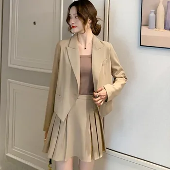 

Women Autumn Ladies 2 Piece Set Office OL Notched Long Sleeve Blazers coat and High Waist Mini Pleated Skirt Suits 2020 Korea