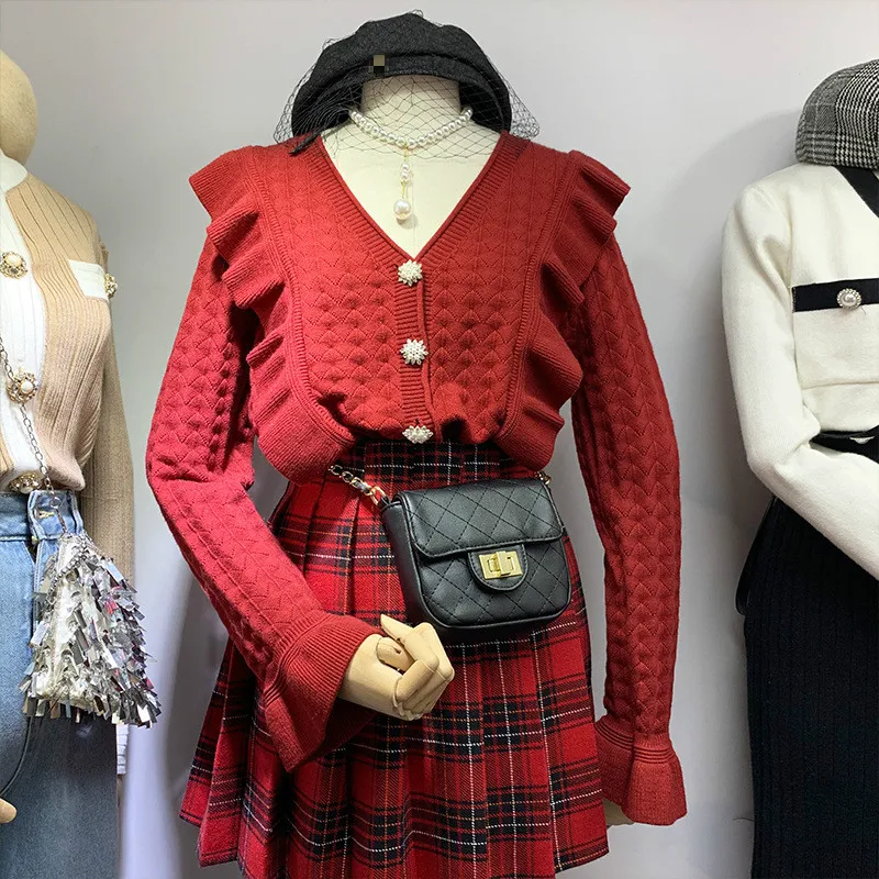 Neploe V образным вырезом с длинным рукавом вязаный однобортный Pull Femme пальто осень зима оборками одной груди кардиган свитер красный Sueter