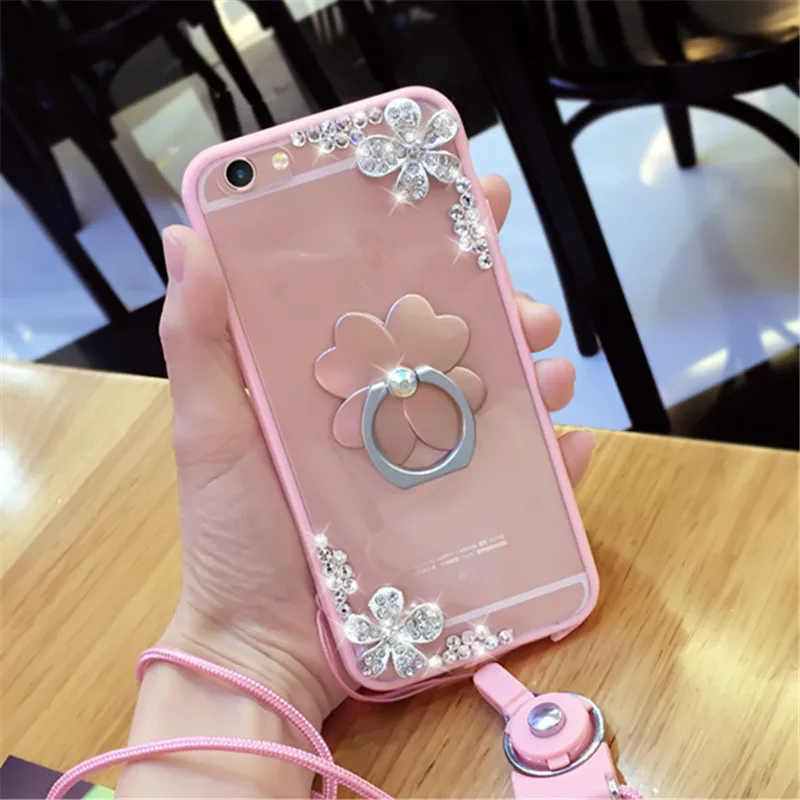Модный блестящий чехол для телефона со стразами и кольцом держателем iphone 5S X 6 6S 7 8