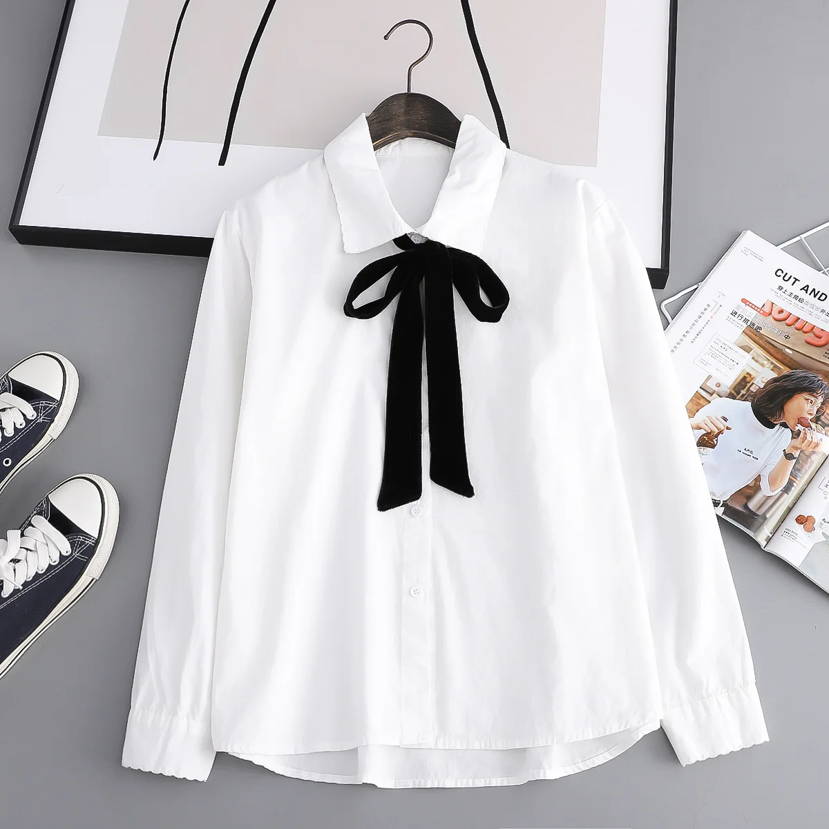 

Korean New Autumn Black Velvet Bow Tie White Blouses Women Fashion All Match Casual Sweet Cotton Shirts Girls Cute Clothing Tops