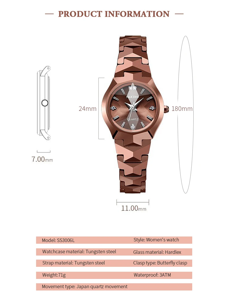 Оригинальные японские Nakzen часы для женщин Вольфрам кварцевые часы Высокое качество Бизнес часы розовое золото