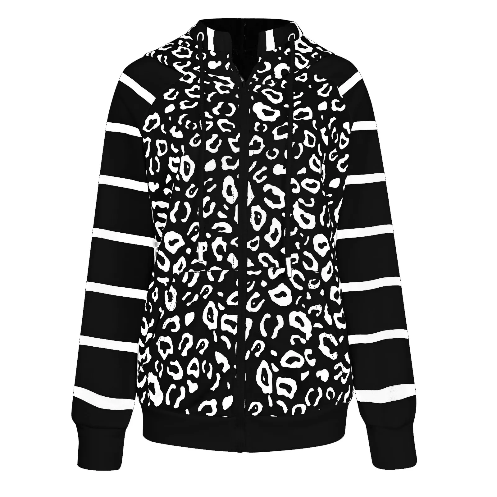 Women's Fashion Casual Sweatshirts Long Sleeve Strip Leopard Print Hooded Drawstring Zipper Pocket Sweatshirts Loose Top femme 2