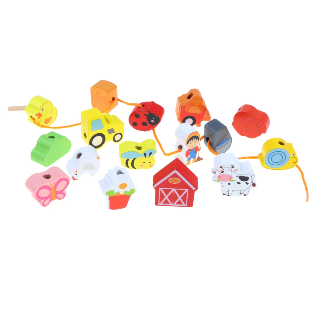 Wooden Lacing & Stringing Beads Cartoon Farm Animals with String Toddler Preschool Fine Motor Skills Toys