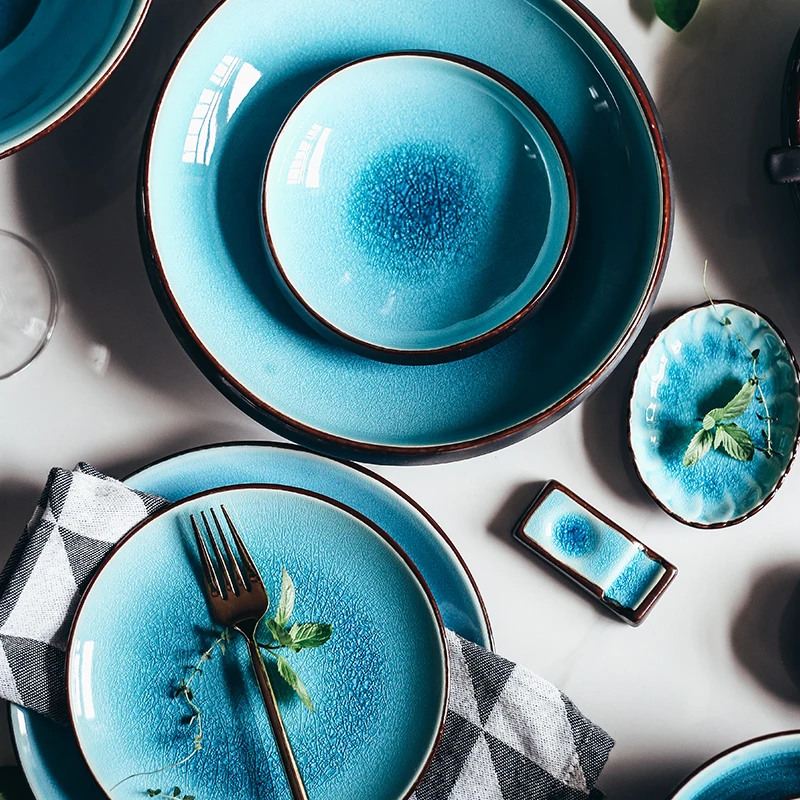 Vajilla de cerámica esmaltada para el hogar, cuencos de arroz, platos de pescado al vapor, platos de porcelana azul, juego de cubiertos