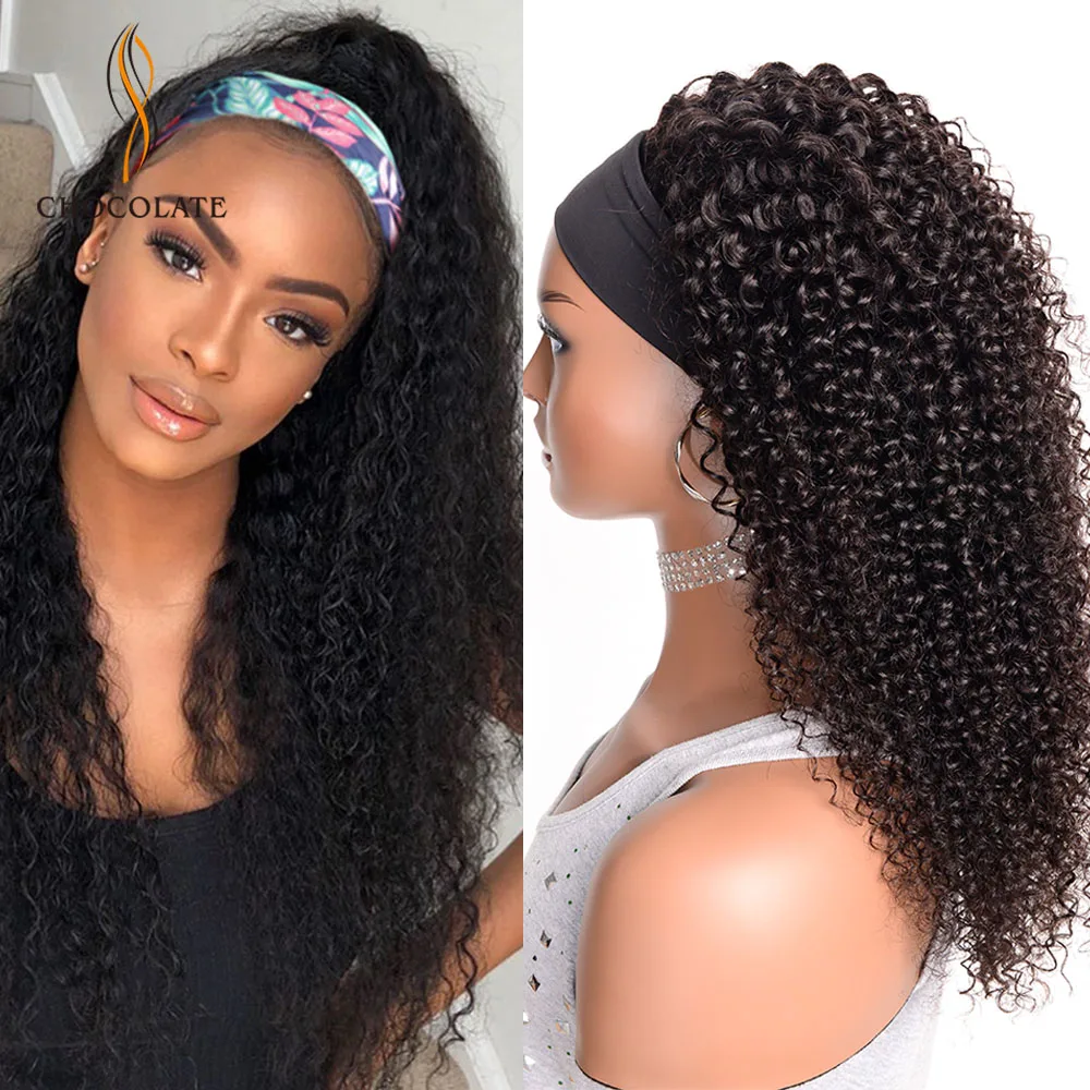 Headband Wig Human Hair Peruvian Kinky Curly 22 Inch Remy Scarf Glueless Jerry | Шиньоны и парики