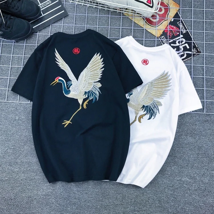 

Ukiyo Japanese Embroidery Crane T Shirt For Men 100% Cotton T-shirts Summer Casual Hip Hop Tops Tees Shirt