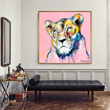 

Canvas Art Colorful Lion Oil Paintings Printed on Canvas For Bedroom Pink Canvas Print Modern Art Animal Decorative Pictures