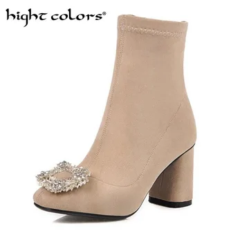 

Fashion Design Rhinestone Boots Women Square Toe High Heel Boots Women Elegant Lady Shoes Autumn Flock Ankle Short Boots Women
