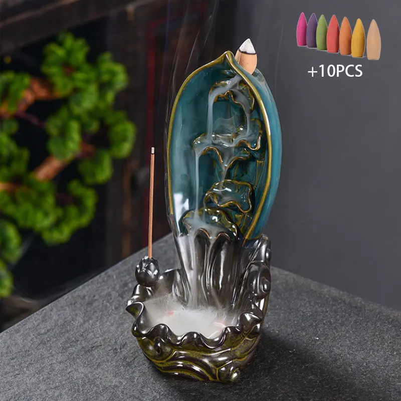 Backflow Incense Burner Home Decor Ceramic Smoke Stick Holder Censer + 10Pcs Cones | Дом и сад