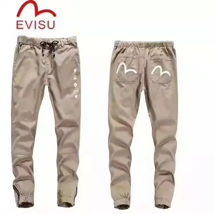 Evisu повседневные мужские дышащие высококачественные повседневные штаны теплые мужские брендовые хлопковые прямые с принтом сохраняющие тепло мужские брюки - Цвет: Хаки