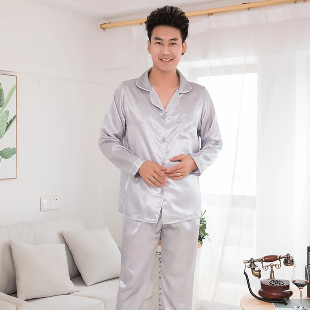 best mens pajamas Silk Men Pajamas Set two-piece Solid Color Fashion Men's Long-Sleeved Trousers Couples Long Sleeve Suit Casual Home Clothing mens pjs set