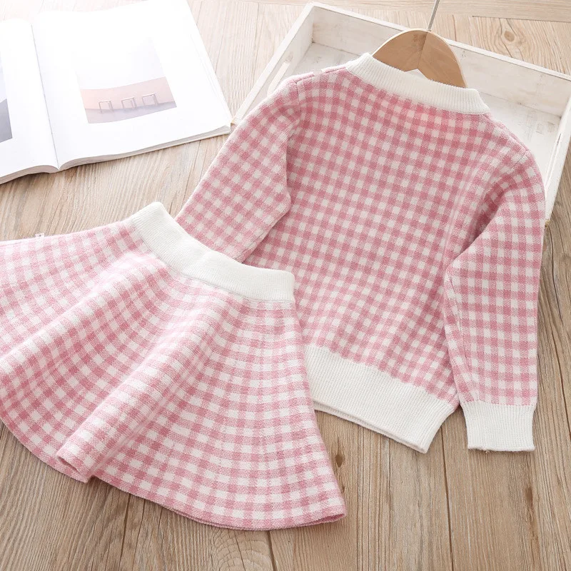 2019-Autumn-New-Girls-Sweater-Set-Long-Sleeve-Plaid-Jacket-Skirt-2-Piece-Set-Elegant-Lady (2)