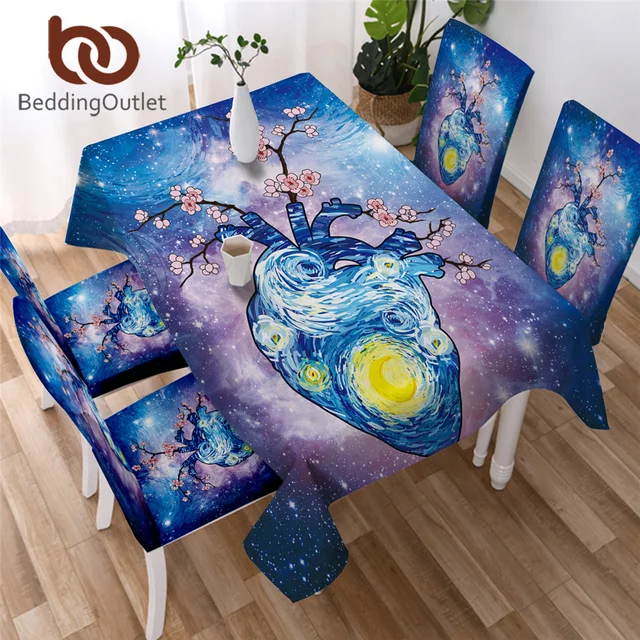BeddingOutlet Heart Galaxy Tablecloth Watercolor Art Waterproof Table Cloth Starry Sky Plum Flower Decorative Table Cover 1/5pcs