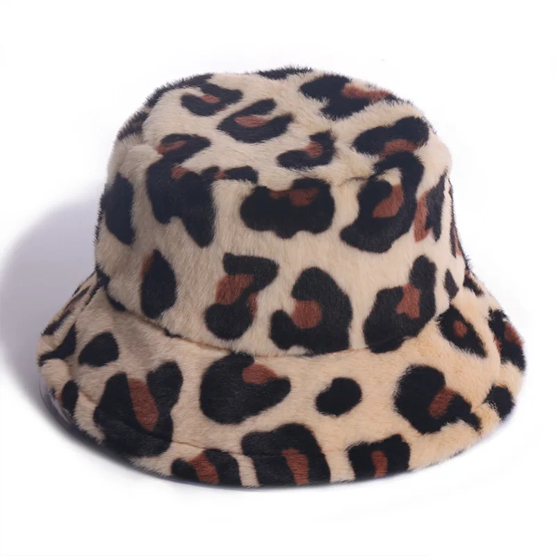 

Leopard Print Winter Plush Bucket Hat for Women 1990's Fluffy Faux Fur Leopard Bucket Caps Fuzzy Fleece Lining Leopard Hat K7