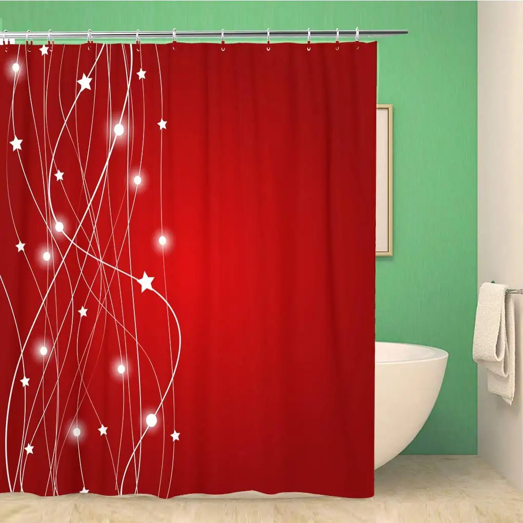 

Bathroom Shower Curtain Holiday Abstract Christmas Red Graphic Winter Xmas Star White Snow 72x78 inches Waterproof Bath Curtain