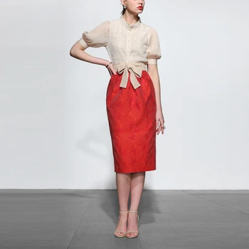 

Seifermann Summer Streetwear Fashion Runway Designer Sets Women's Puff SleeveLace Chiffon Shirt＋Red Midi Skirt 2 Two Pieces Suit
