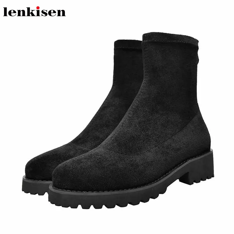 

Lenkisen Korean stretch leather med heels round toe concise style black colors platform winter keep warm women ankle boots L09