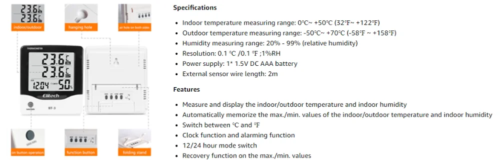 Elitech BT-3 LCD Indoor/Outdoor Digital Hygrometer Thermometer