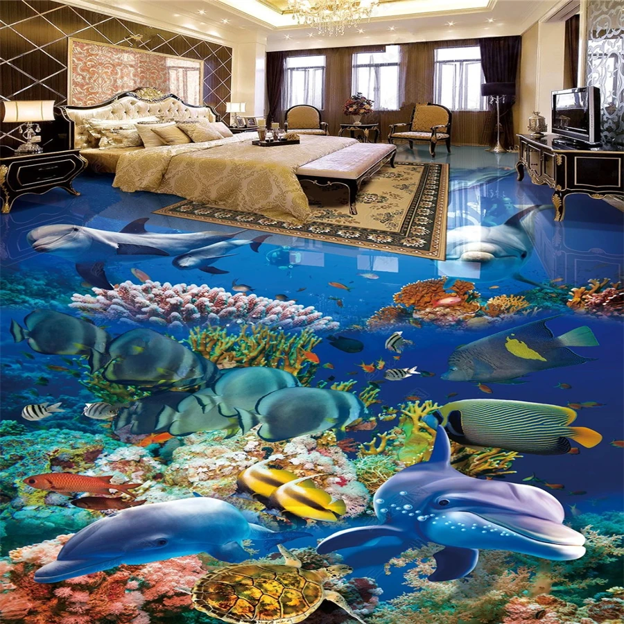 Custom floor painting 3d underwater world dolphin 3D stereo bathroom flooring tile decorative floor painting 3d papel de parede