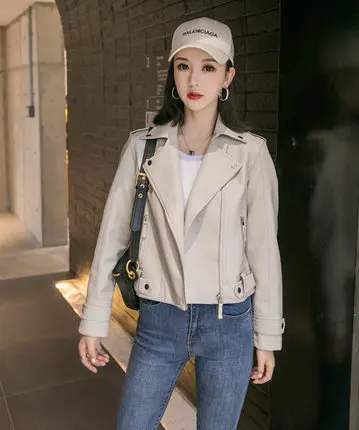Off-white Весна осень новая куртка из искусственной кожи женская модная Корейская тонкая кашемировая Толстая мотоциклетная кожаная куртка для женщин - Цвет: Off-white