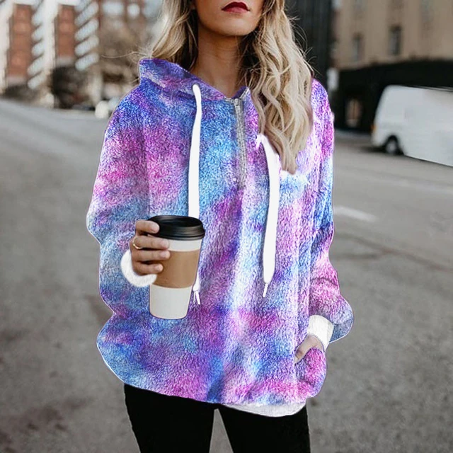 Cute Tie-dye Women Hoodie 2021 Winter Loose Hoodies Sweatshirts Streetwear  Thick Lamb Wool Bear Coat Zipper Oversized Outwear - AliExpress