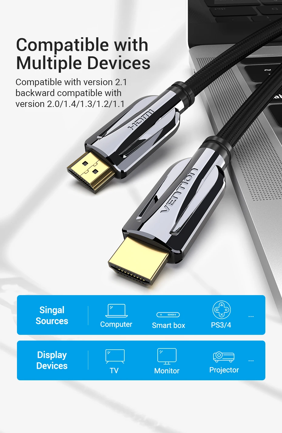 Vention HDMI 2,1 кабель 8 k@ 60Hz высокоскоростной 48 Гбит/с HDMI кабель для Apple tv PS4 мультимедийный интерфейсный кабель высокой четкости HDMI 3 м