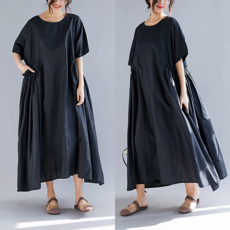 

Plus Size Women Dress Summer Vintage Linen Sundress Female Lady Vestidos Pleated Casual Loose Black Long Dress Big Size 5XL 6XL